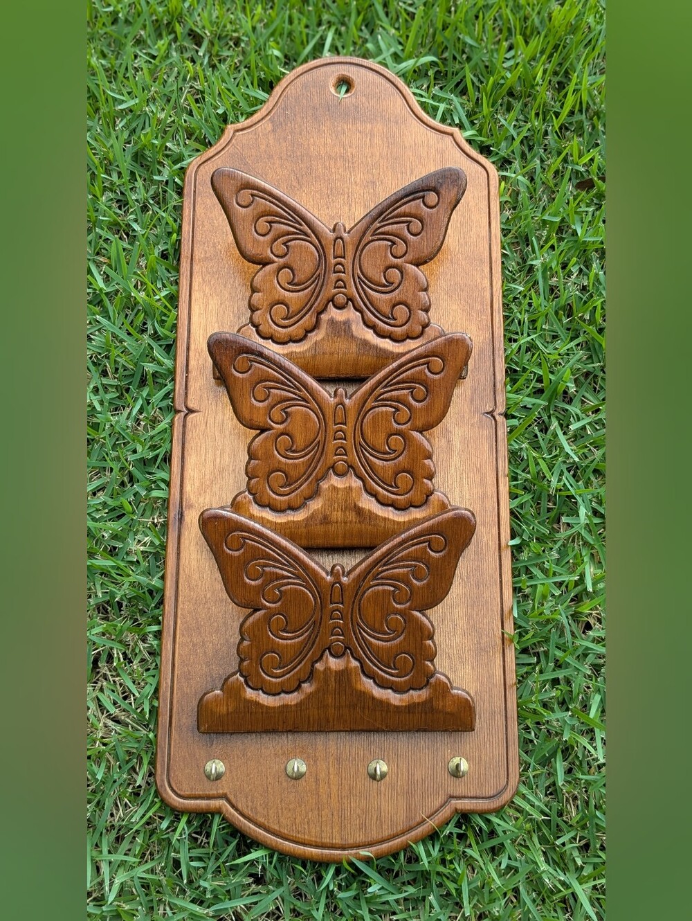 Vintage 1970s Wooden Butterfly Wall organizer brass hook
